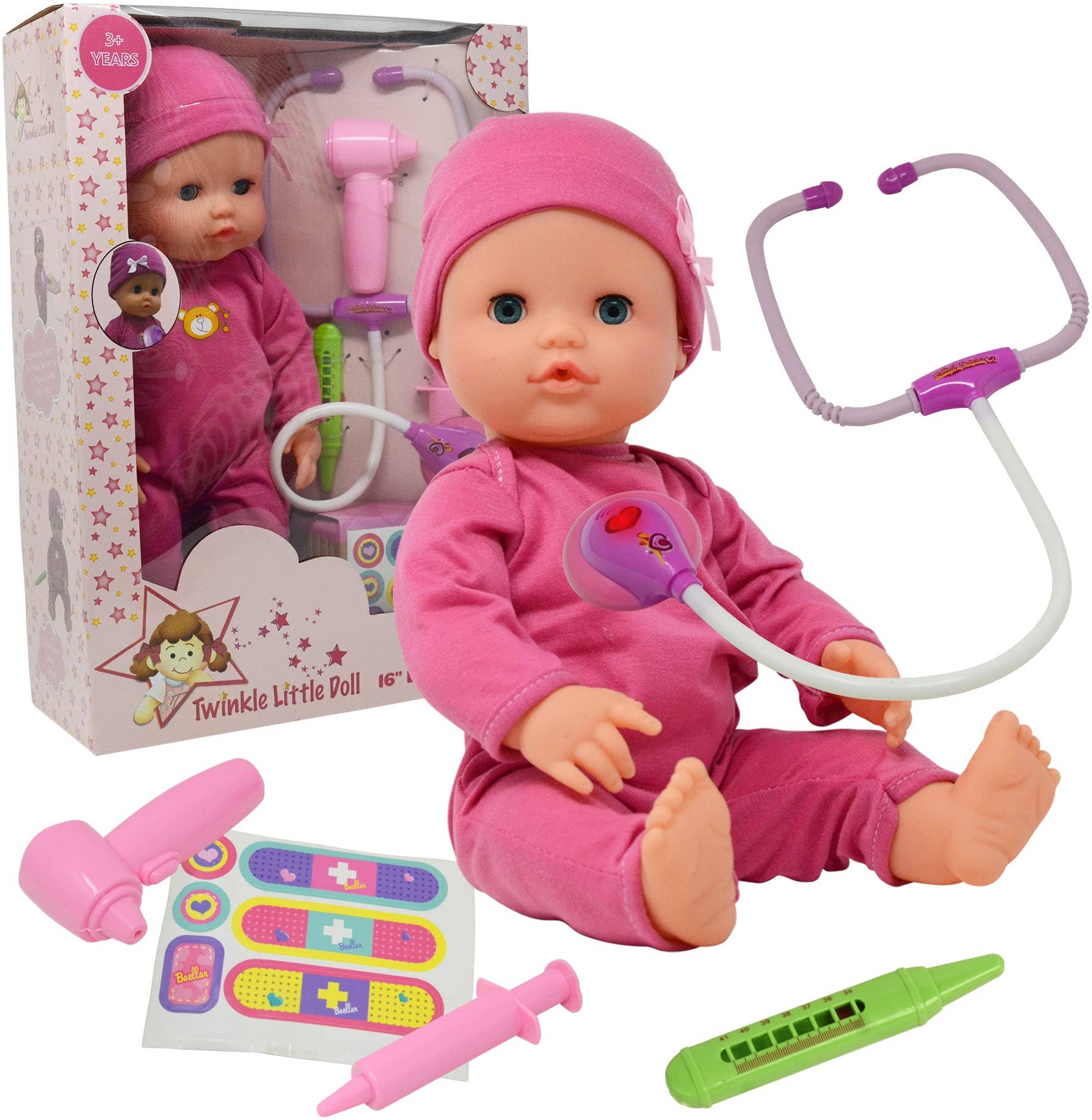 Interactive 16” Baby Doll Toy Doctor Kit Set for Kids – Pink