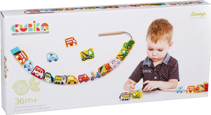 Cubika Wooden Cars Lacing Toy